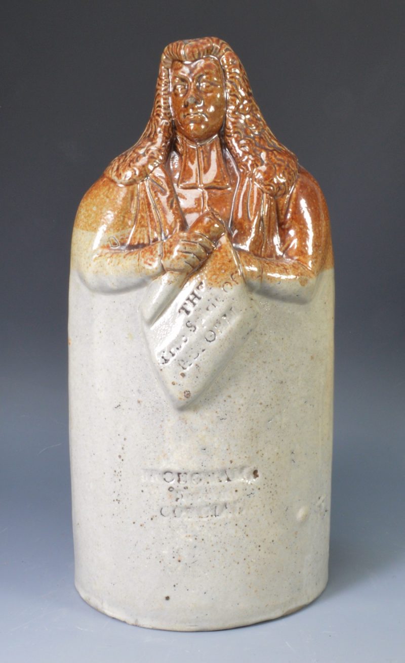 London saltglaze stoneware Lord Brougham Reform flask, circa 1835 Doulton & Watts, Lambeth