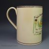 Large creamware pottery mug "God Speed the Plough". circa 1800. possibly a North East Pottery