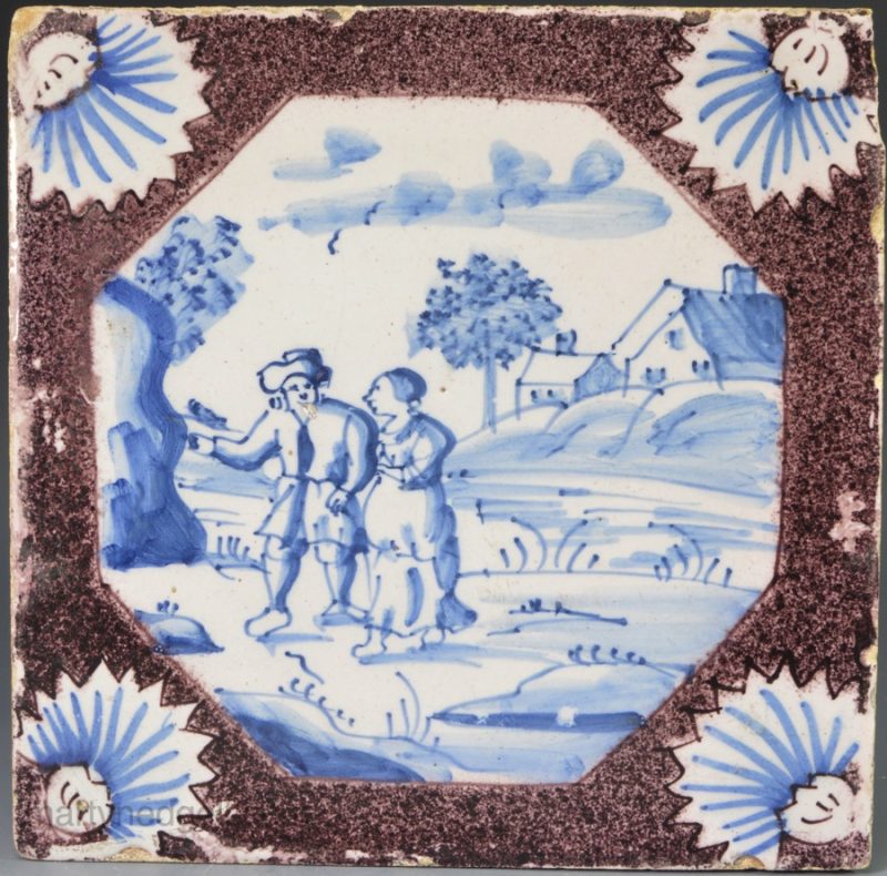 London delft tile decorated with powder manganese border, circa 1720