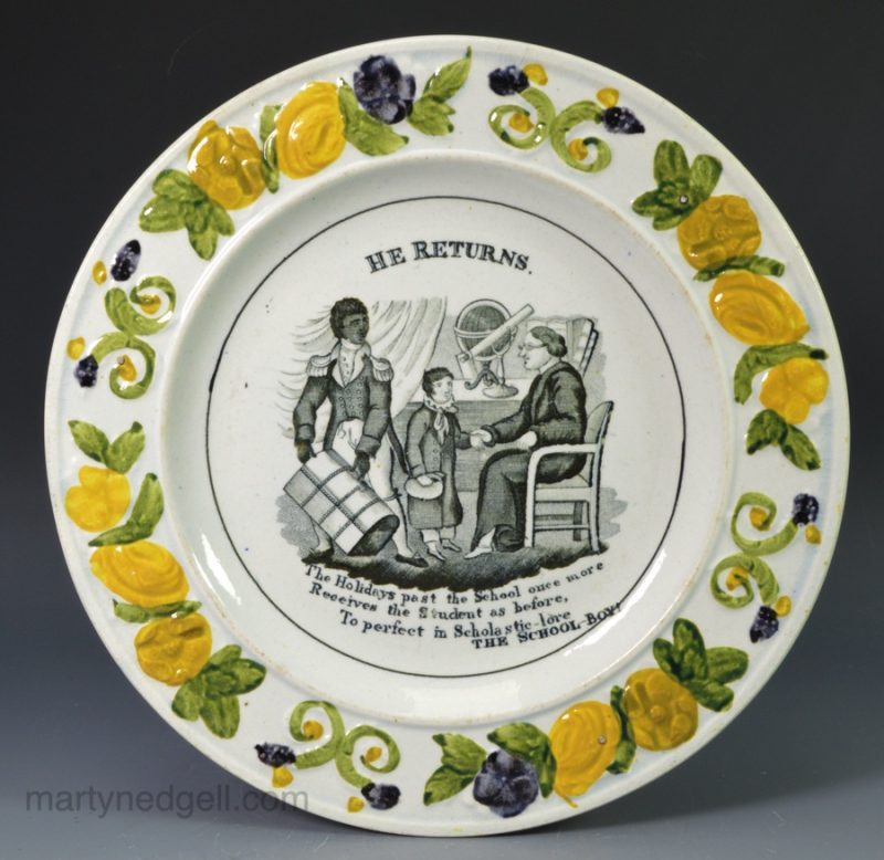 Pearlware pottery child's plate "He Returns", circa 1820