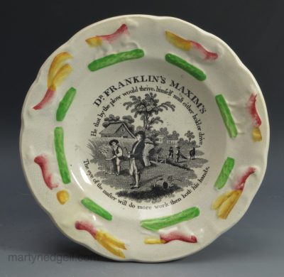 Pearlware pottery child's plate with moulded animal border, Dr Franklin's Maxims, circa 1830