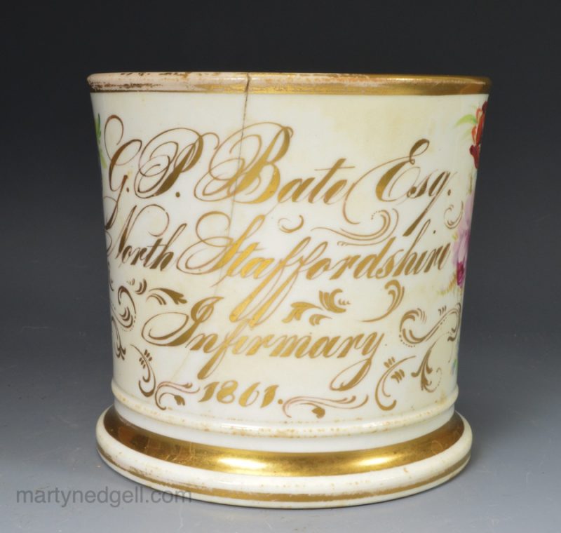Staffordshire porcelain mug G. P. Bate Esq North Staffordshire Infirmary, dated 1861