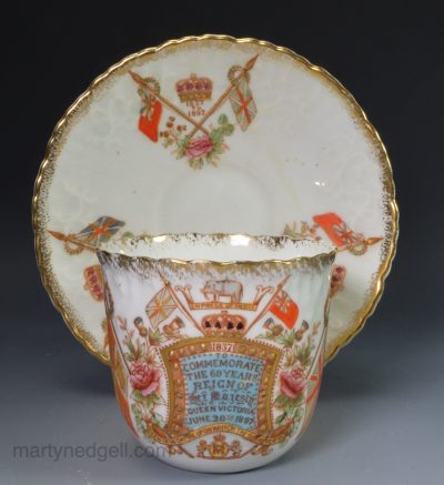 Porcelain cup and saucer commemorating Queen Victoria's Diamond Jubilee in 1897, William Lowe Pottery