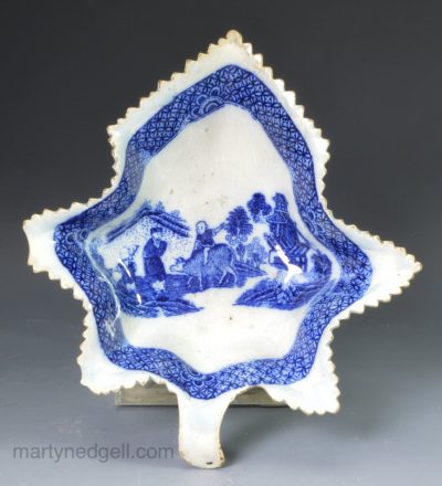 Pearlware pottery pickle dish decorated with Boy on a Buffalo pattern print in blue, circa 1790