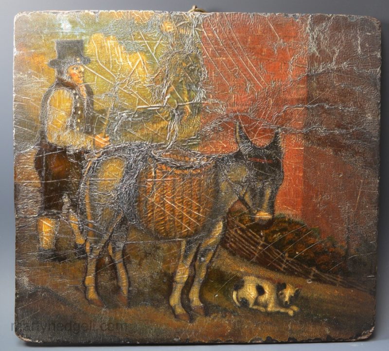 Naive oil painting of a man, donkey and his dog on board, circa 1820