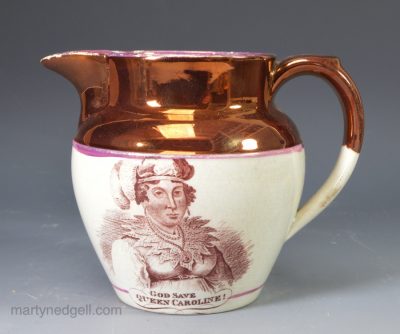 Small lustre pottery jug commemorating Queen Caroline's feud with George IV, circa 1821