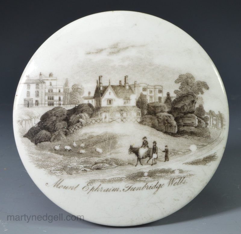 English porcelain pot lid with print of Mount Ephraim Tunbridge Wells, circa 1850