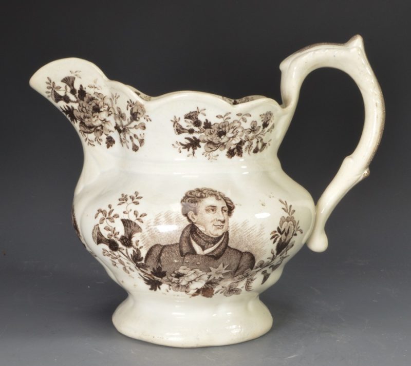 Pearlware pottery jug in memorial for George IV, circa 1830, Goodwin, Bigwood and Harris Pottery Staffordshire