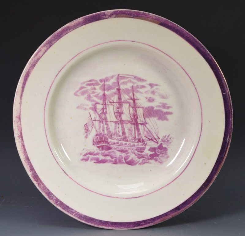 Porcelain plate printed in pink with an American ship, circa 1820