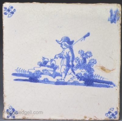 Dutch Delft tile painted with a shepherd in blue, circa 1750