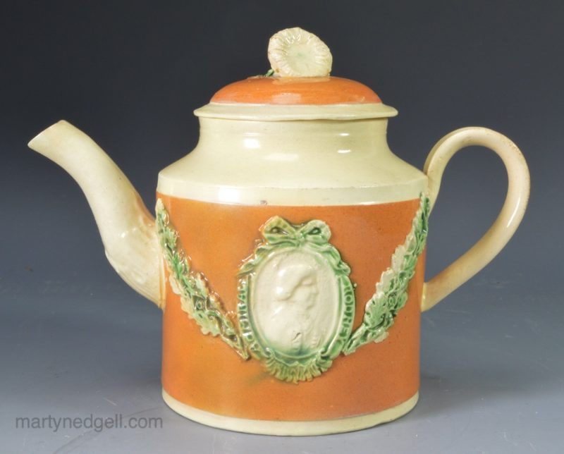 Small creamware commemorative Admiral Rodney teapot, circa 1790