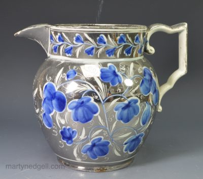 Pearlware pottery jug decorated with silver resist lustre and underglaze blue, circa 1820