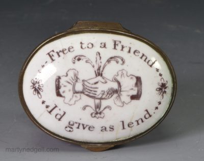 Bilston enamel patch box "Free to a Friend I'd Give as Lend", circa 1780