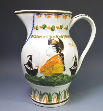 Prattware jug moulded with titled profile of Admiral Duncan, circa 1800