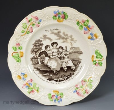 Pearlware pottery child's plate made for the German market "Spelling Lesson", circa 1840 W. Smith & Co