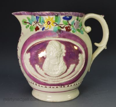 Pearlware jug moulded with Queen Caroline and decorated with pink lustre, circa 1821
