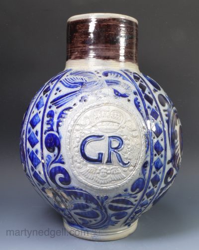 Large handleless Westerwald saltglaze stoneware GR jug, circa 1720