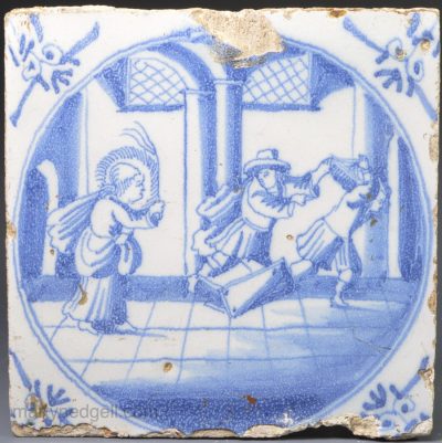 Dutch Delft biblical tile "The Cleansing of the Temple", circa 1750