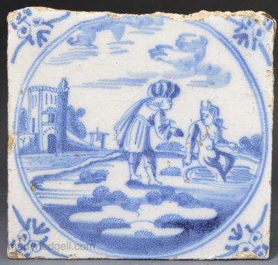 Dutch Delft biblical tile "King David covets Bathsheba", circa 1750