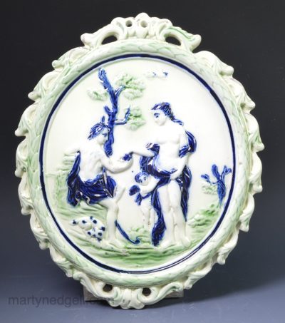 Pearlware pottery plaque "Paris and Aphrodite" decorated with coloured glazes, circa 1800