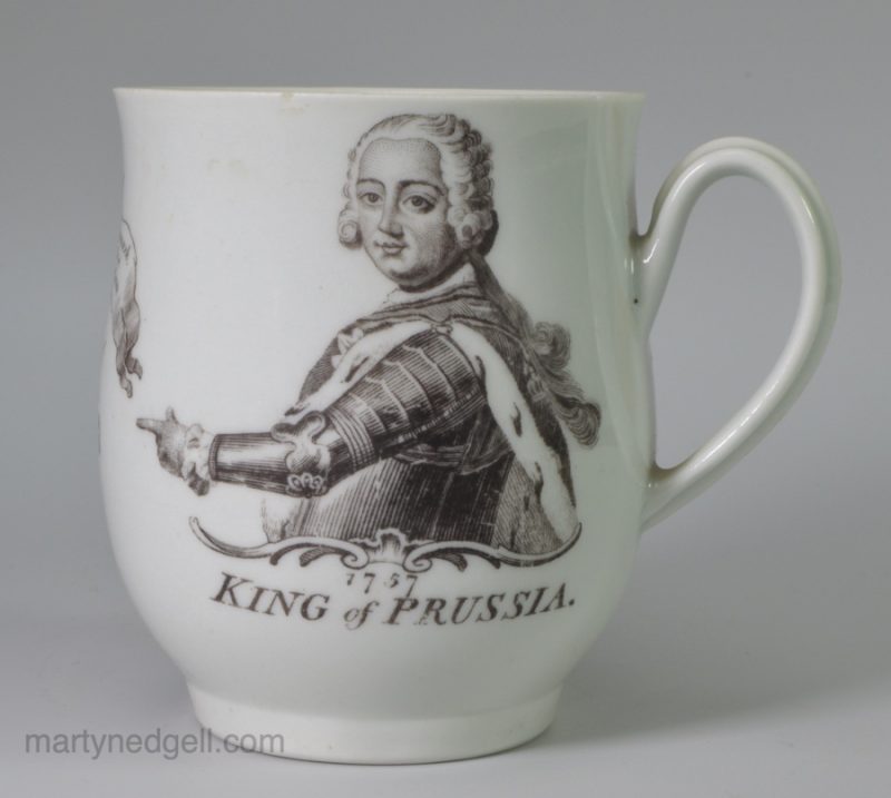 Worcester porcelain baluster mug decorated with Robert Hancock prints commemorating the King of Prussia, circa 1757