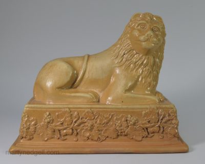 Saltglaze stoneware lion, circa 1840, possibly Derbyshire