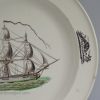 Creamware pottery plate decorated with an overpainted print of a ship, circa 1790