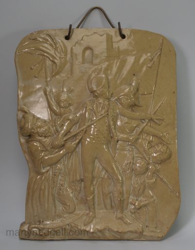 Drab stoneware relief moulded hanging plaque of Sir Sidney Smith on the walls of Acre, circa 1820