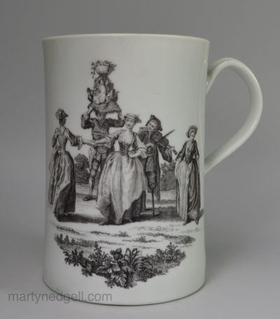 Worcester porcelain tankard decorated with Robert Hancock prints, circa 1760