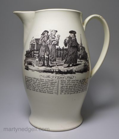 Large creamware serving jug printed with "The Tythe Pig" and "The Triple Plea", circa 1790