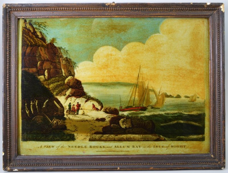 Reverse print on glass "A View of the Needle Rocks and Allum Bay on the Isle of White", circa 1797