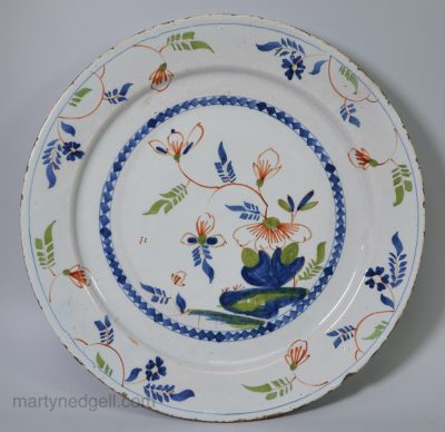 Bristol delft blue/red/green charger, circa 1750