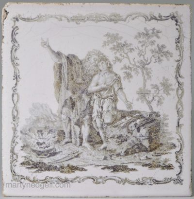 Liverpool delft tile with a Sadler biblical print of Abraham and Issac, circa 1770