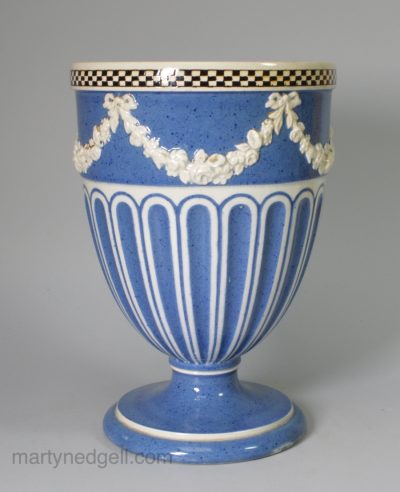 Pearlware pottery vase decorated with powder blue slip and dark brown checker inlay, circa 1780, possibly Leeds Pottery