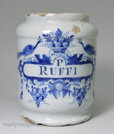 Dutch Delft apothecary pill jar, circa 1750