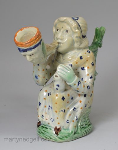 Martha Gunn pottery pipe decorated with high fired enamels under a pearlware glaze, circa 1820