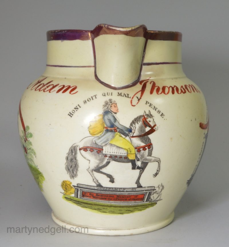 Pearlware pottery Williamite commemorative jug, circa 1830