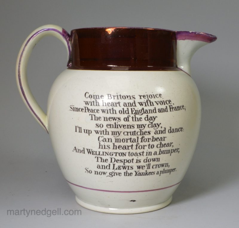 Pearlware commemorative jug celebrating the end of the war with Napoleon and being able to concentrate on the war with America, circa 1815
