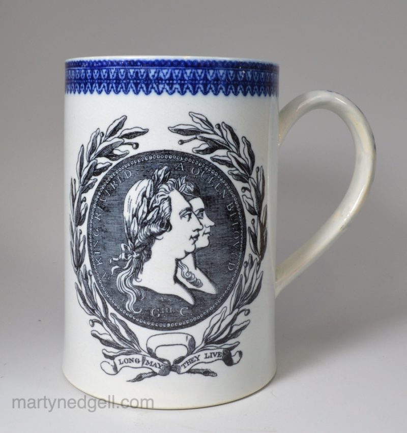 Pearlware pottery commemorative mug George III's return to health, circa 1789