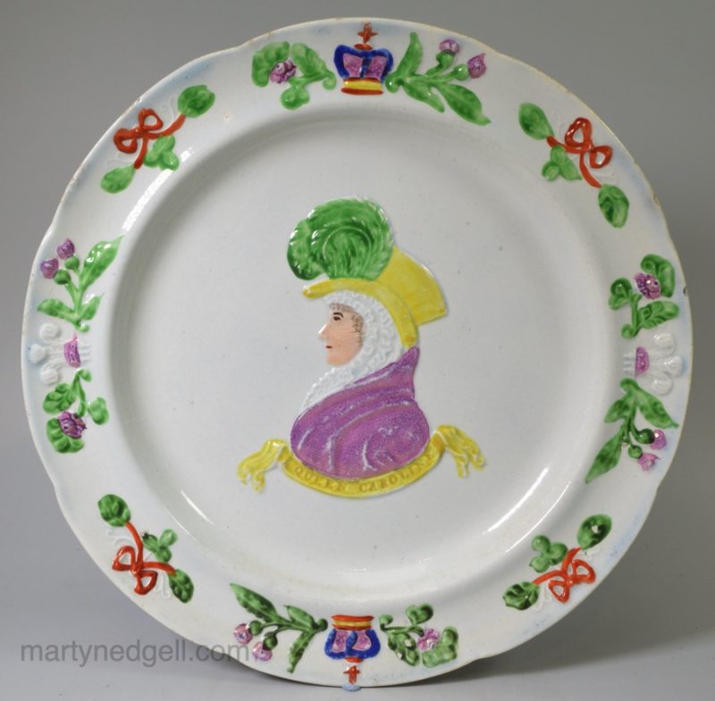 Scottish pearlware pottery plate moulded with Queen Caroline, circa 1820-21