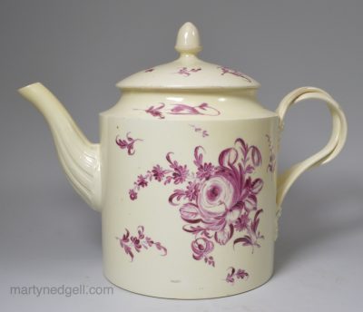 Creamware pottery teapot, circa 1770 decorated with enamels over the glaze