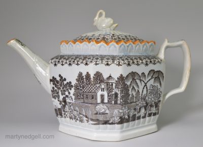 Pearlware pottery teapot decorated. with brown transfer prints under the glaze, circa 1810