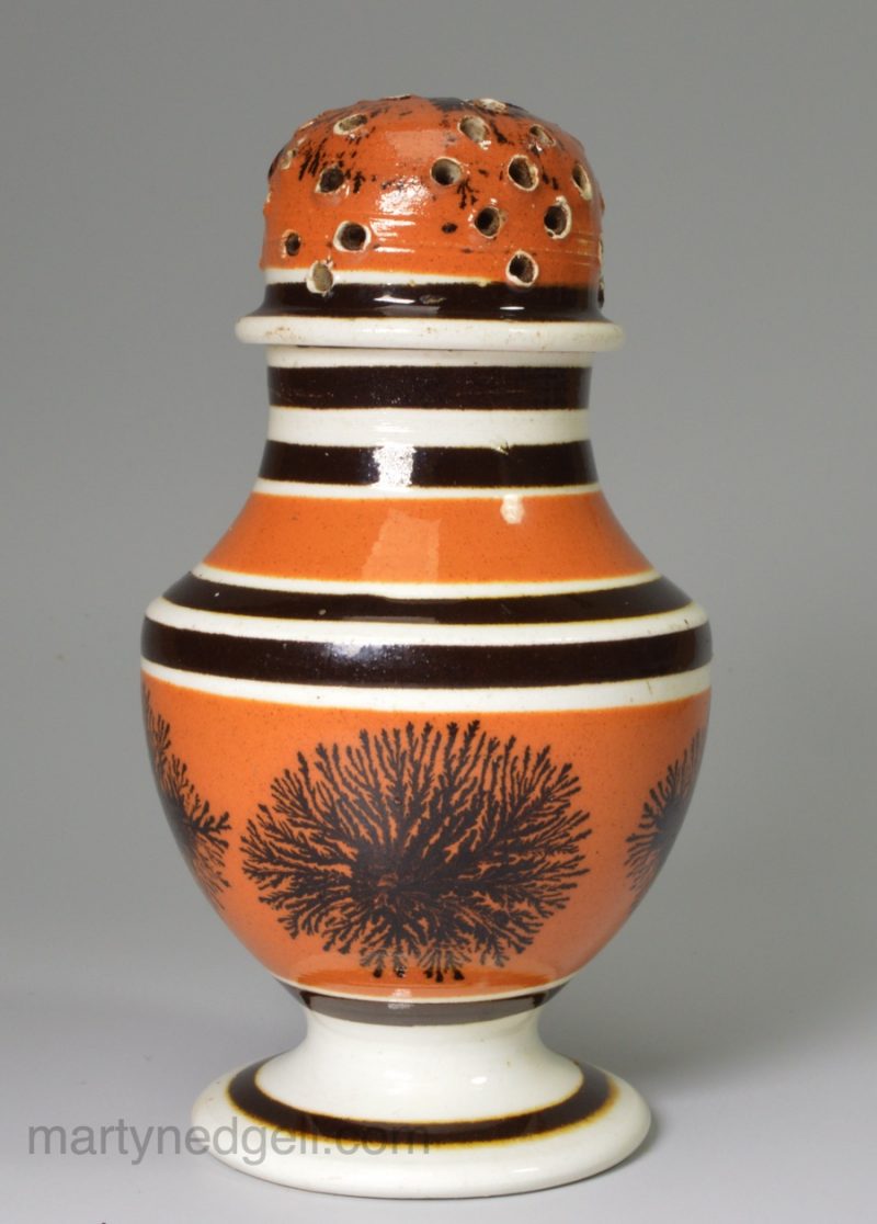 Mocha ware pottery pepper pot with dendritic decoration, circa 1830