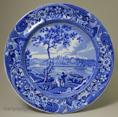 Pearlware pottery plate decorated with blue transfer print of a view of Fair Mount near Philadelphia, circa 1820