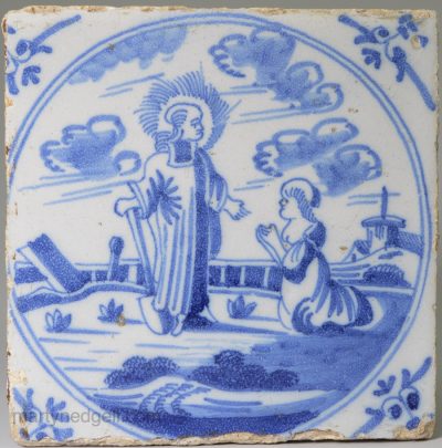 Dutch Delft biblical tile Christ appearing to Mary Magdalene after his resurrection, circa 1750