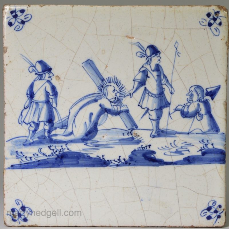 Dutch Delft biblical tile Christ carrying the cross to his crucifixion, circa 1740