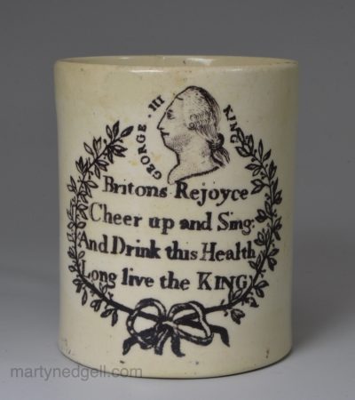 Creamware pottery mug commemorating George III's Jubilee in 1809