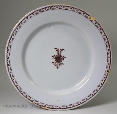 English delft plate decorated with manganese, circa 1770