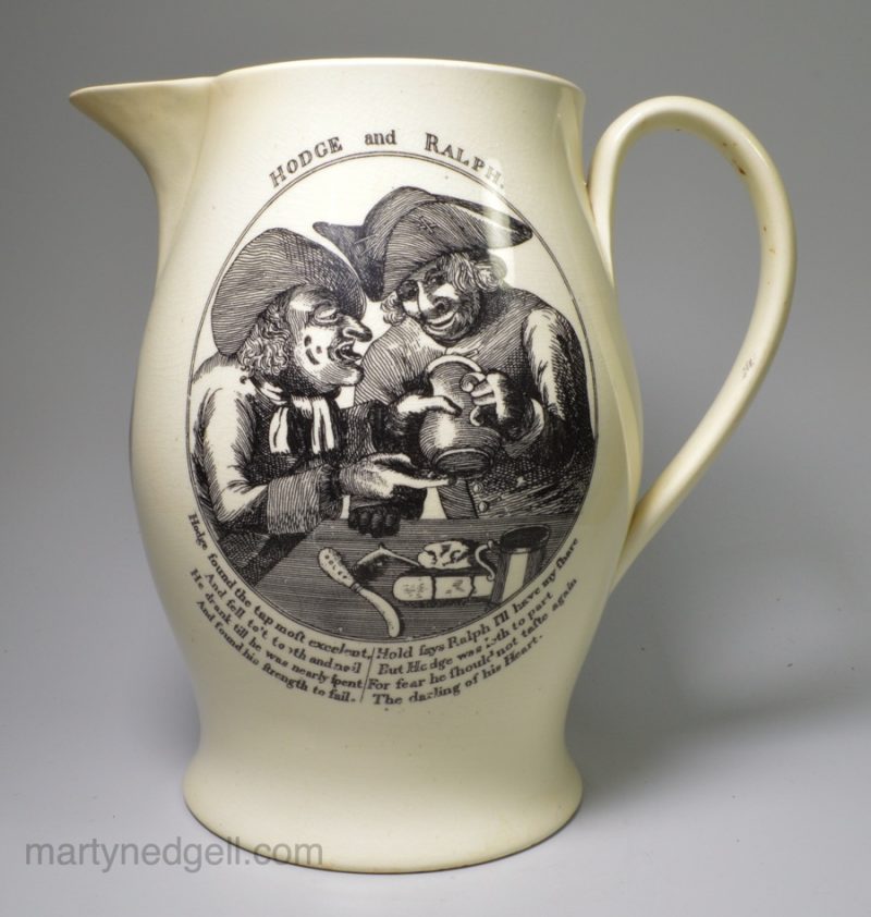 Creamware pottery jug decorated with prints of Hodge and Ralph, circa 1790