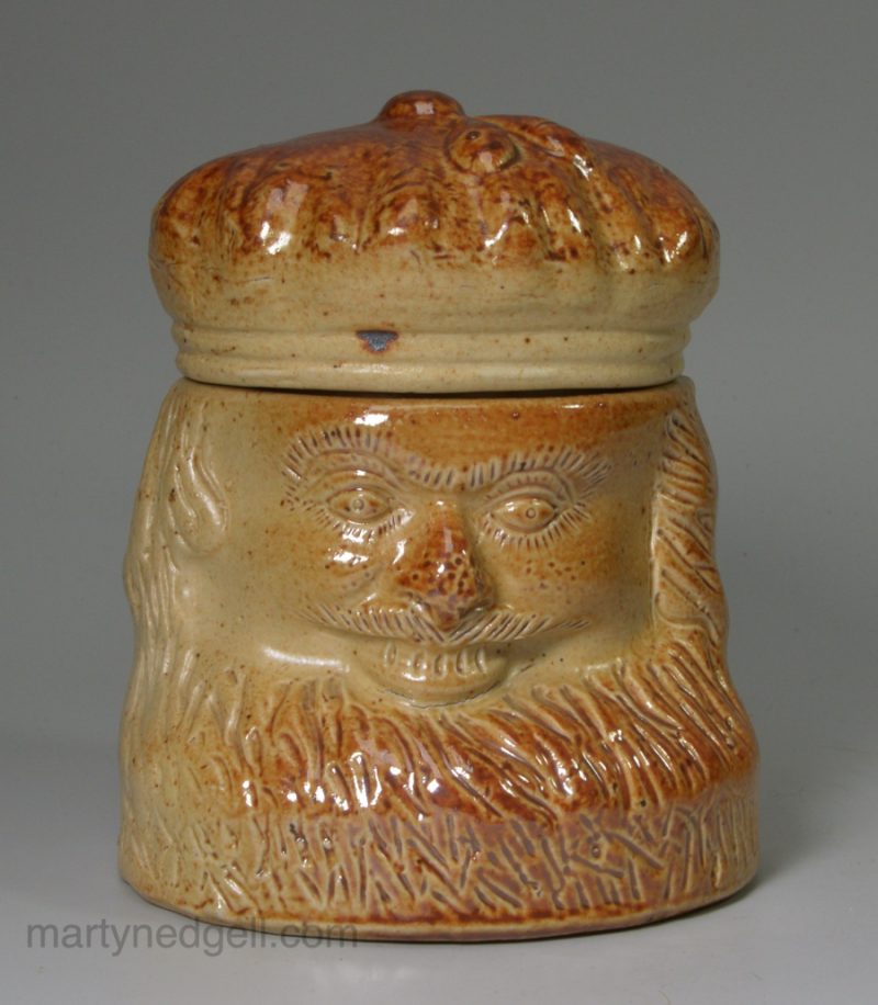 Saltglaze stoneware Scotsman jar and cover, circa 1840, Brampton in Derbyshire